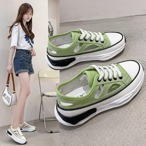 Summer 2021 Women Vulcanized Shoes Sneakers Ladies Lace-up Casual Breathable Canvas Shoes Thick Platform Loafers Comfort Zapatos