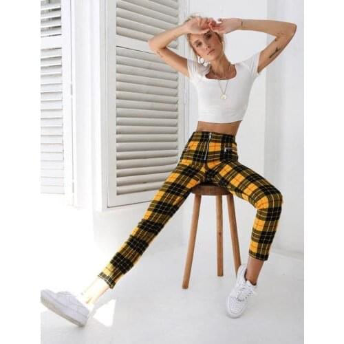 Summer Casaul Pants Womens Plaid Casual Pants High Waist Elastic Zipper Striped Plaid Casual Long Pants
