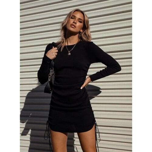 Militapy minds long sleeve mini dress black Pit strip long sleeve drawstring dress bag hip dress woman dress vestido de mujer