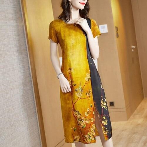 National style cheongsam real silk dress 2020 medium and long mulberry silk waist slim dress