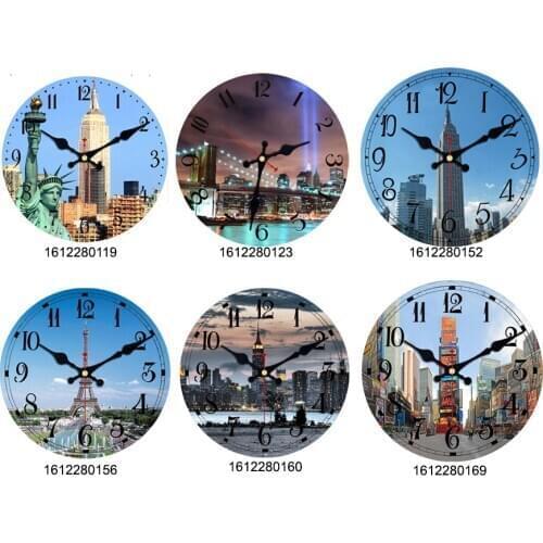 Modern Design Blue Sky High Building Black Hand Wall Clocks,Battery Operated Wall Clock Home Decor,Silent 16 Inch Wooden Clocks