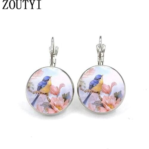 2019 / new charm flower branch bird earrings, convex glass inlay earrings, ladies wear earrings jewelry gifts