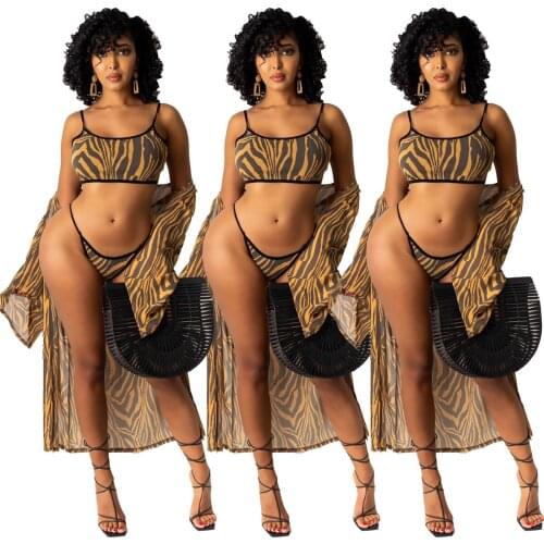 Sexy Low-Waist Swimsuit Bikini Three-Piece Suit with Veil Stripe Printing Beach Pool Party 2021 Summer Womens New Style