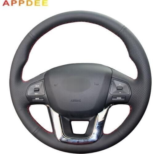 Hand-stitched Black Leather Steering Wheel Cover for Kia K2 Kia Rio 2011 2012 2013
