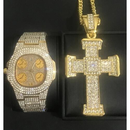 Luxury Men Watch jewelry stylish Ice Out Cuban Watch & Necklace Combo Set Ice Out Cuban Watch Men Pendant Men Rock Chain Set