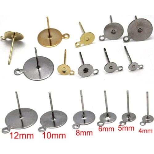 50pcs/lot Surgical Stainless Steel 4 5 6 8 10 12 mm Pad Earrings Stud Post with Loop Fit Women DIY Earring Jewelry Making Craft