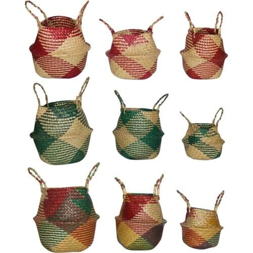 Foldable Wicker Rattan Flower Basket Home Garden Office Handmade Planter Decorative Pot Laundry Straw Patchwork Storage Basket