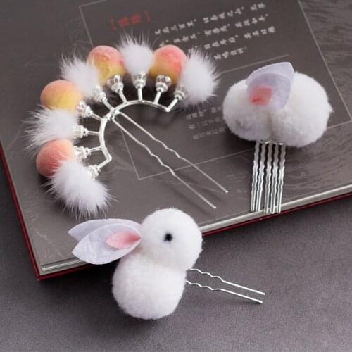 Ancient style Hanfu plush peach row rabbit hairpin furry hairpin hair ball hair accessories super fairy costume row hairpin