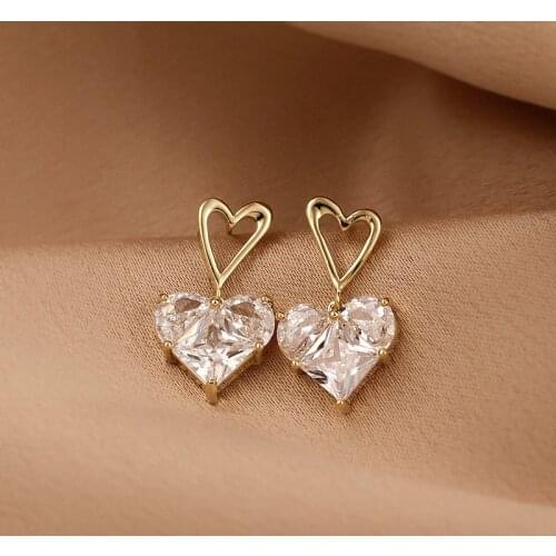 Little Heart CZ Zircon Drop Earrings for Girl Women Cute Hollow Geometric Statement Earring Temperament Jewelry 2021