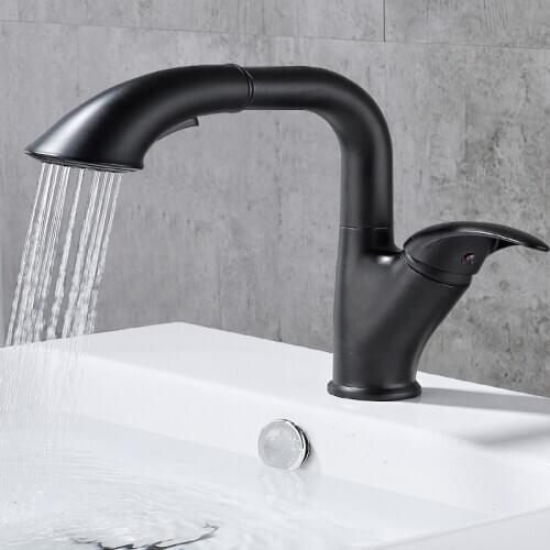 Basin Faucet Pull Out Bathroom Sink Faucets Black Brass Single Handle Hole Basin Tap Grifo Lavabo Wash Hot and Cold Kitchen Taps
