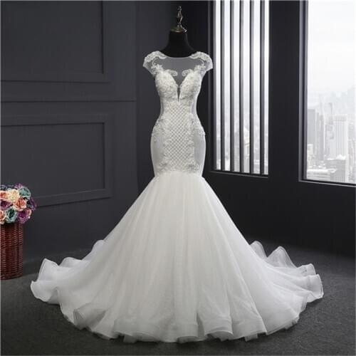 High-end Beading Lace Wedding Dress O-neck Cap Sleeve Cut-out Tube Bridal Gown