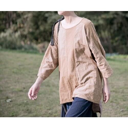 Women Loose Patchwork Irregular Length Cotton Linen T-shirt Ladies Vintage Spliced Tops Female O Neck Shirt Tees