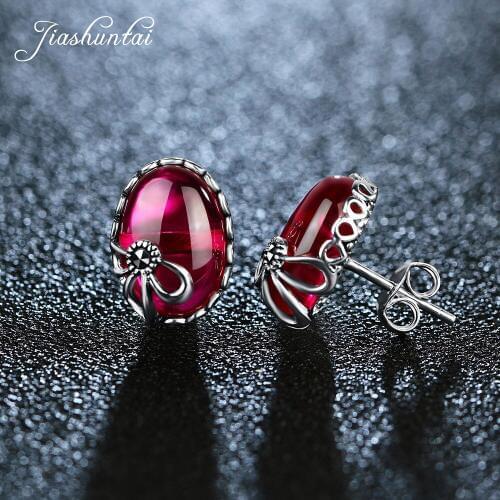 JIASHUNTAI Vintage 100% 925 Sterling Silver Stud Earring For Women Retro Natural Stones Earrings Female Thai Silver Jewelry Gift