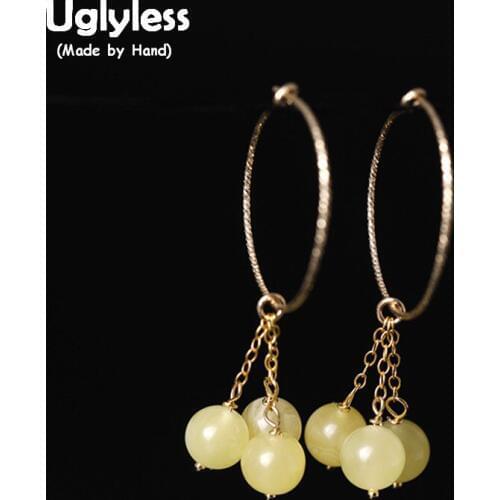 Uglyless 14K Filled Gold 9K Gold Circle Ear Hoops for Women Summer Sexy Dress Earrings Nature Amber Balls Jewelry Tassel Brincos