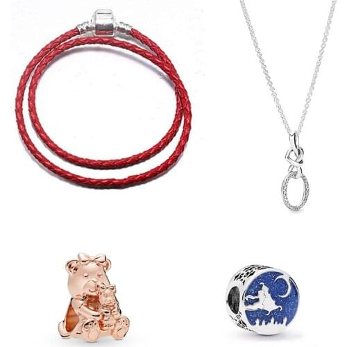 Fashion High Quality S925 Silver Original Magic Carpet Ride Charm Double Woven Red Leather Bracelet Ladies Romantic Jewelry Gift