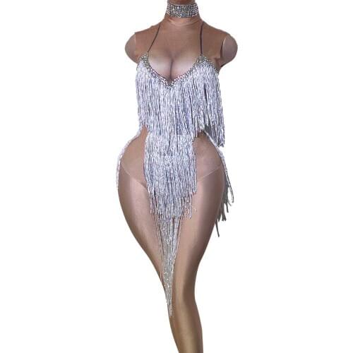Women Sexy Nightclub DJ Singer Crystal Leotard Fashion Rhinestone Fringe Bodysuits Party Celebration Jumpsuit Pole Dance Outfits