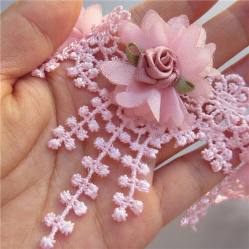 10X Soluble Pink Chiffon Rose Flowers Embroidered Fringe Tassel Lace Trim Ribbon Fabric Sewing Craft Wedding Dress Decoration