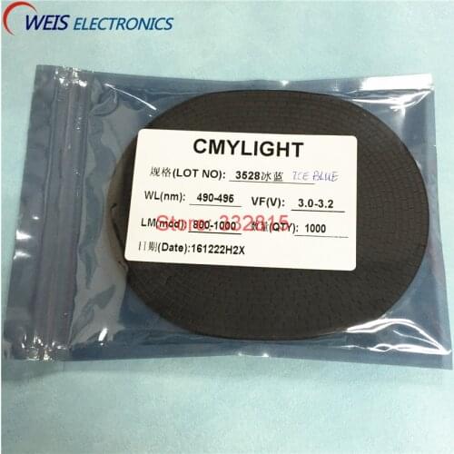 1000PCS 3528 ICE BLUE LED SMD SKY BLUE 490-495nm 800-100mcd 3.0-3.2v ultra bright light beads RoHs Free shipping