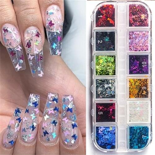 12 Grids/Sets Holographic Nail Glitter Flakes Sequin Rose Gold DIY Butterfly Dipping Powder for Acrylic Nails Tools Paillette