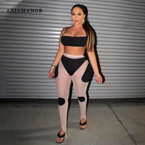 ANJAMANOR Sexy Sheer Mesh Patchwork 2 Piece Sets Womens Outfits Pants Leggings See Through Club Wear Festival Outfit D16-CB15