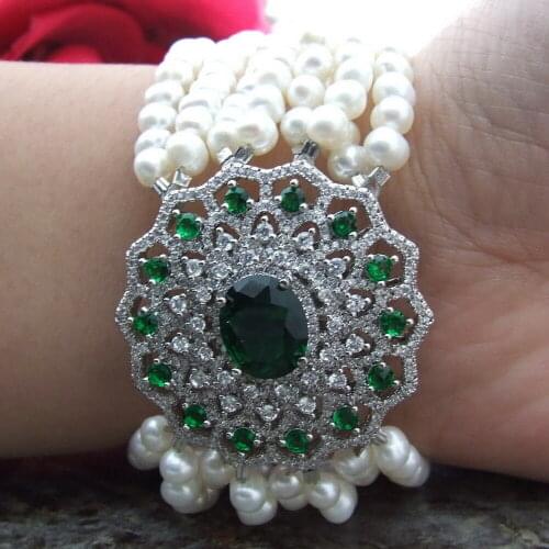 Handmade natural 8strands white freshwater pearl micro inlay zircon accessories leopard bracelet long 19cm fashion jewelry