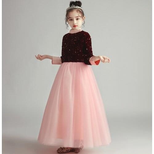 Flower Girl Dresses Illusion Full O-Neck Sequined Princess Floor-Length Luxury Pink Tulle Lace Vintage Cute Kids Party Gown H381