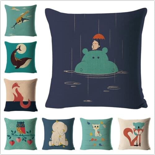 Home Decor Anime Animals Pillowcase Polyester Linen Sofa Car Cartoon Whale Fox Bird Cat Throw Pillows Cushion Covers 45x45cm