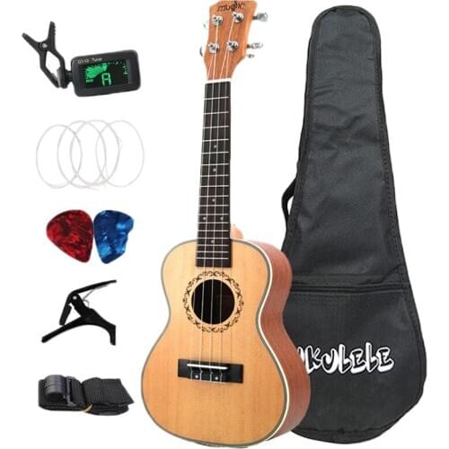 23 Inch Concert Ukulele Beginner Spruce Wood Ukulele Set with Tuner, Picks, Strap, Strings, Guitar Capo