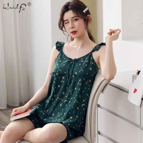 Cotton Nightdress Summer Womens Pajamas Sleepwear Girls Vest + Shorts Sets Soft Casual Home Wear Shorts Set 2 Pieces Homewear