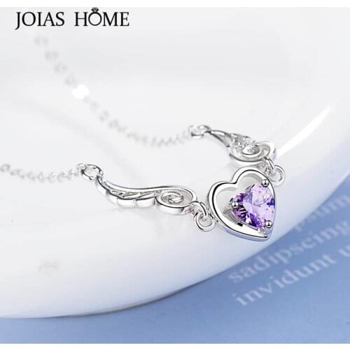 JoiasHome Trendy S925 Silver Jewelry Heart-shaped Amethyst Gemstones Pendants Necklace for Women Wedding Engagement Party Gifts