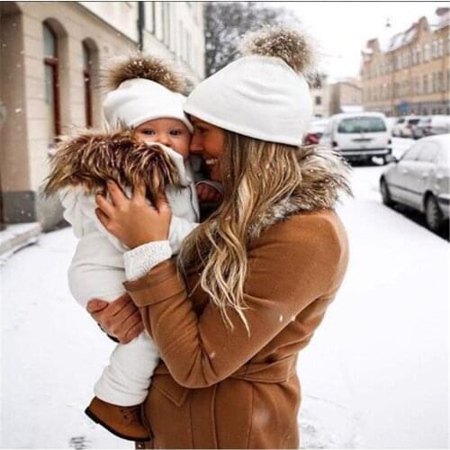 2021 New Parent-child Cotton Hat Cute Fur Ball Hat Mother Kids Warm Hat Fashion Autumn Winter Newborn Beanie Cap