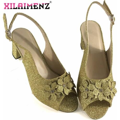 Gold Color Shoes with Flower Wedding Sandals High Heels High Quality African Squqre Heels Pumps New Arrival Italian Women Party