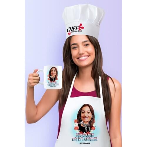 Personalized Best Mother Caricature Of Kitchen Apron Cook hat And Mug Set Photo Picture Funny Fun Memories Name lettering
