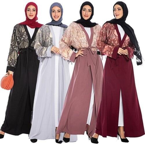 Abaya Maxi Dress Women Muslim Cardigan Kimono Dubai Jilbab Turkish Islamic Sequin Tassel Kaftan Long Sleeve Arab Islam Prayer