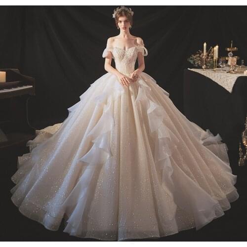 Luxury Lace Boat Neck Wedding Dress 2021 Bridal With 1m Long Train Off The Shoulder Ball Gown Vestido De Noiva Customize