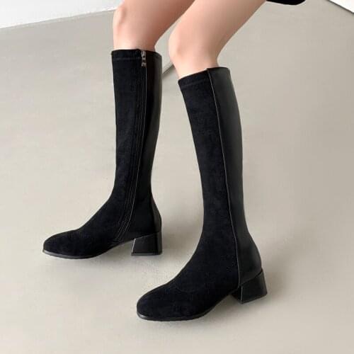 Knee High Boots Women New Zipper Comfortable Square Toe Winter Shoes Women Warm Plush Med Heel Boots Plus Size 31-43