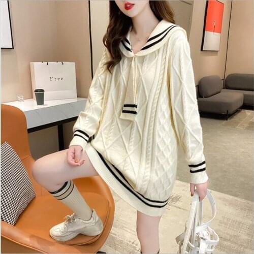 Mid-length sweater 2020 new women loose outer wear navy style Korean style Western style autumn knitted dress trend