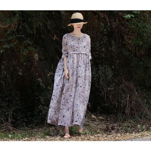 One Clan That Lives In A Place For Many Years Xia Wenyi Printing Pure Ramie Dress Easy Thin Cotton Robe Longuette