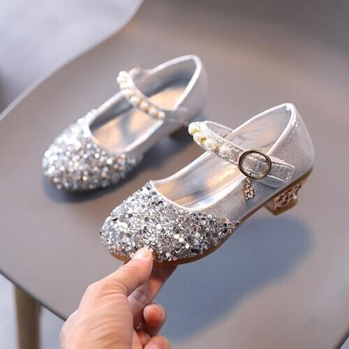 Children Girls High Heel Princess Shoes For Kids School Sequins Pearls Wedding Party Model Dance Crystal Shoes New 2021 Gold