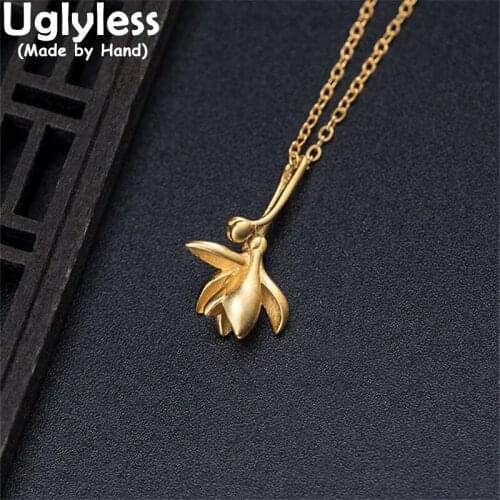 Uglyless Blooming Magnolia Flowers Pendants Necklaces for Women Handmade Vivid Floral Gold Necklaces 925 Silver Jewelry + Chains