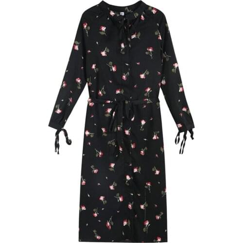 PERHAPS U Black Floral Print Bow Collar Button Lace-up Long Sleeve Midi Dress Chiffon Autumn D2027