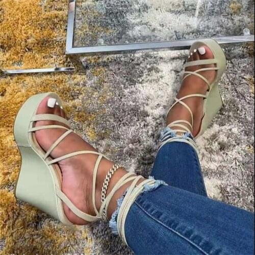 2021 Summer Solid Color Frenulum Women Heighten Wedges Platform Sandals Fashion Ladies Open Toe High Heel Shoes Size 36--43