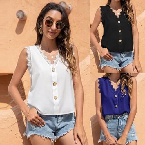 Women Lace Splicing Hollow Out Tank Tops Sleeveless V-Neck Casual Loose Blouse Shirts