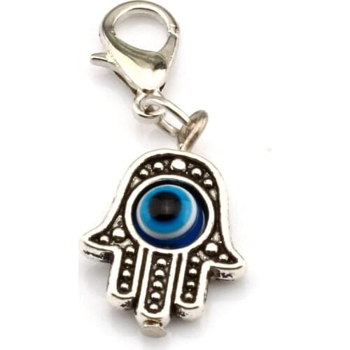 Hot sell ! 10 Pcs Antique Silve Hamsa Hand EVIL EYE Kabbalah Good Luck Charm With lobster clasp 13 x 32.5 mm DIY Jewelry nm323