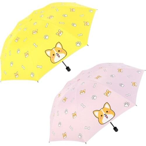 2PCS Fashion Cartoon Lovely Dog Corgi Umbrella For Women UV Rainproof Umbrella Parasol Rain Umbrellas, Yellow & Pink