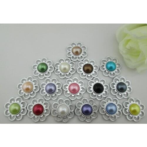 20pcs Flower Mix Color Pearl Rhinestone Buckle Plastic Button For Ribbon Slider Silver Tone 35mm