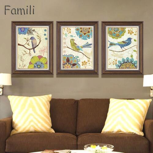 3pcs American flower and bird canvas painting wall poster for sofa living room decoration painting model rural pastoral cuadros