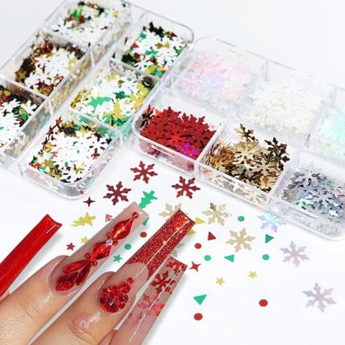 6 Grids Sparkly Winter Snowflake Xmas Trees Mixed Nail Sequins Slices Glitter Flakes For Nail Art Decorations Christmas Manicure