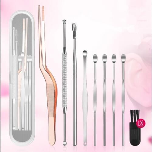 9pcs/set Ear Wax Pickers Set Stainless Steel Earpick Wax Remover Curette Ear Pick Cleaner Ear Cleaner Spoon Care Ear Clean Tool