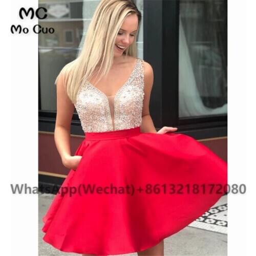 Sparkly A-Line Red Homecoming dress Short Crystals Beading V-Neck Draped Hard Satin Cocktail party dress short homecoming dress